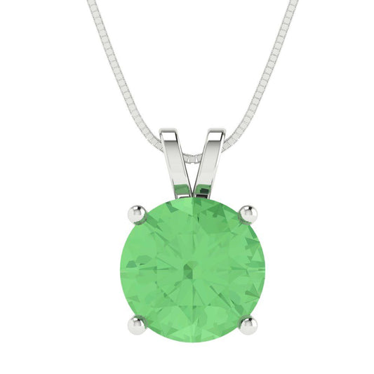 3 tcw Necklace Pendant - 14K White Gold Round Cut Solitaire  Green - Adjustable Length - 15in Box Chain to 18in