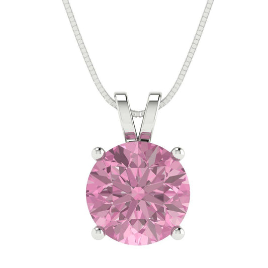 3 tcw Necklace Pendant - 14K White Gold Round Cut Solitaire  Pink - Adjustable Length - 15in Box Chain to 18in