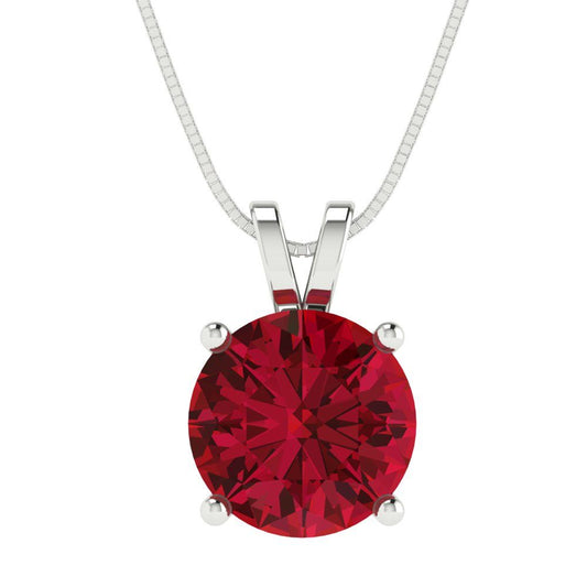 3 tcw Necklace Pendant - 14K White Gold Round Cut Solitaire  Ruby - Adjustable Length - 15in Box Chain to 18in