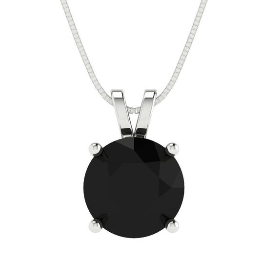3 tcw Necklace Pendant - 14K White Gold Round Cut Solitaire  Onyx - Adjustable Length - 15in Box Chain to 18in
