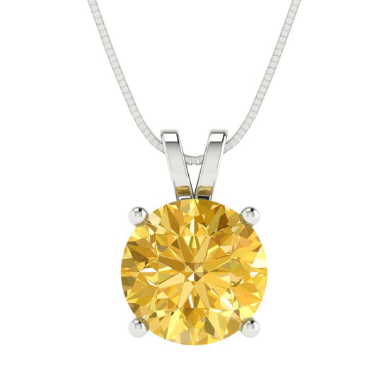 3 tcw Necklace Pendant - 14K White Gold Round Cut Solitaire  Yellow - Adjustable Length - 15in Box Chain to 18in