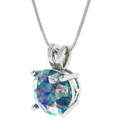 3 tcw Necklace Pendant - 14K White Gold Round Cut Solitaire  Blue Moissanite - Adjustable Length - 15in Box Chain to 18in