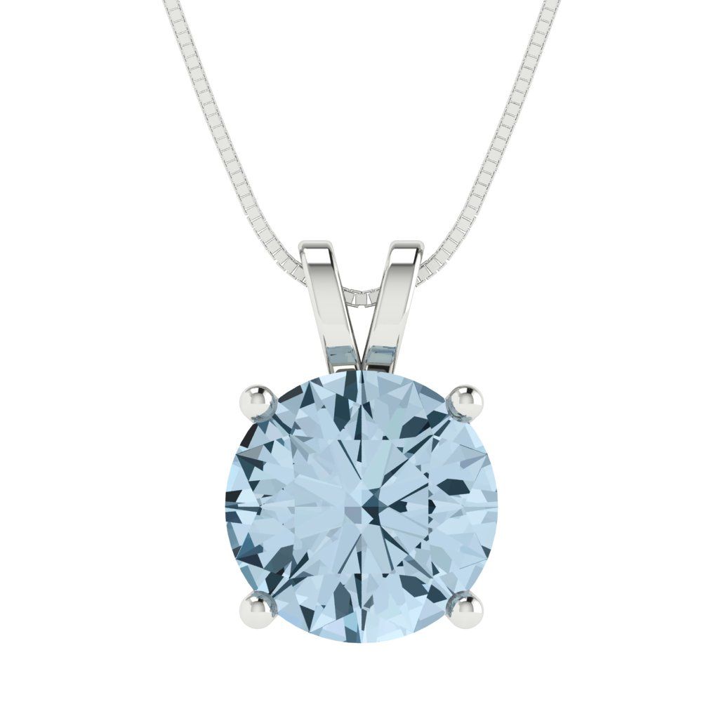 3 tcw Necklace Pendant - 14K White Gold Round Cut Solitaire  Swiss Blue Topaz - Adjustable Length - 15in Box Chain to 18in