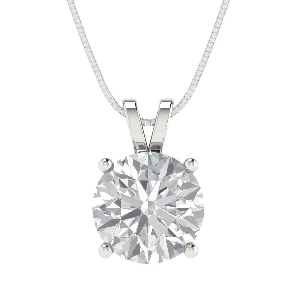 3 tcw Necklace Pendant - 14K White Gold Round Cut Solitaire  White Sapphire - Adjustable Length - 15in Box Chain to 18in