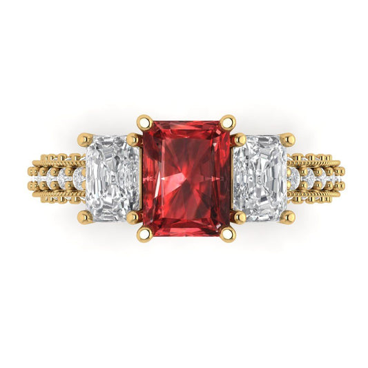 3.61 cttw Natural Garnet Three-Stone Engagement Ring - Solid Yellow Gold (VVS1, Emerald Cut,8x6mm)