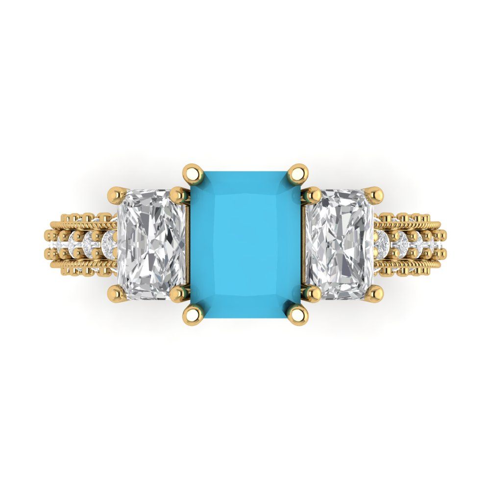 3.61 cttw Simulated Turquoise Three-Stone Engagement Ring - Solid Gold (Emerald Cut,8x6mm)
