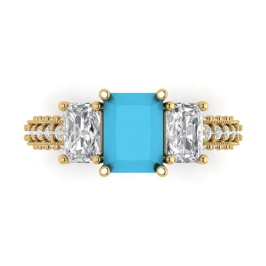 3.61 cttw Simulated Turquoise Three-Stone Engagement Ring - Solid Yellow Gold (VVS1, Emerald Cut,8x6mm)