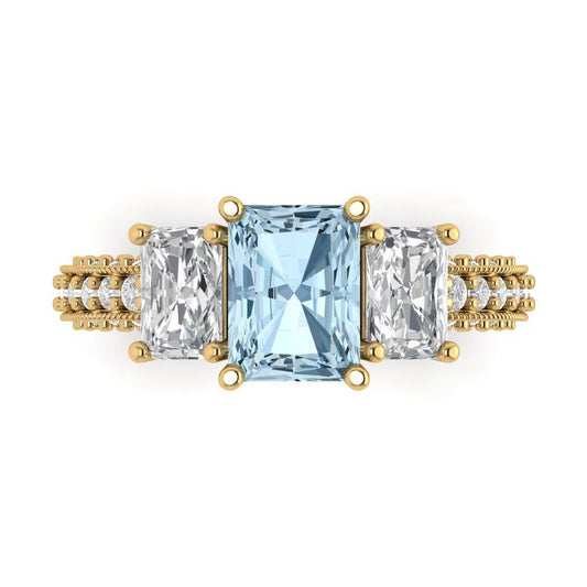 3.61 cttw Zirconia Simulated Blue Diamond Three-Stone Engagement Ring - Solid Yellow Gold (VVS1, Emerald Cut,8x6mm)
