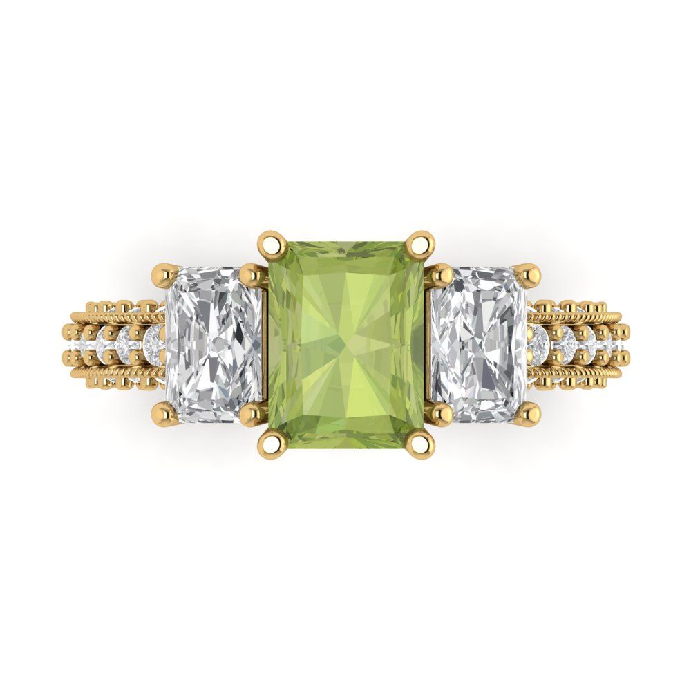 3.61 cttw Natural Peridot Three-Stone Engagement Ring - Solid Gold (Emerald Cut,8x6mm)