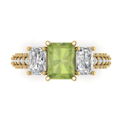 3.61 cttw Natural Peridot Three-Stone Engagement Ring - Solid Gold (Emerald Cut,8x6mm)