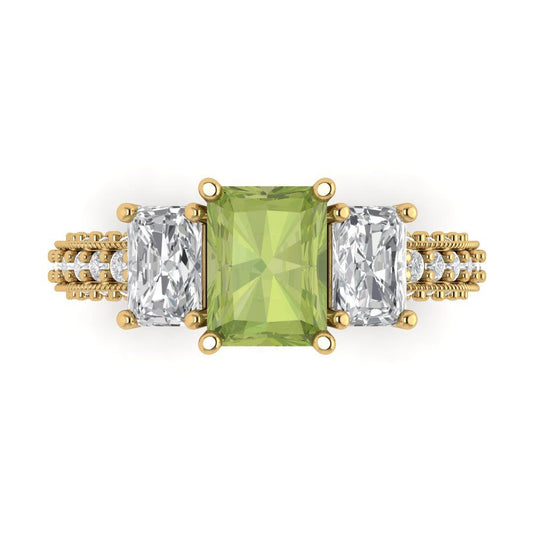 3.61 cttw Natural Peridot Three-Stone Engagement Ring - Solid Yellow Gold (VVS1, Emerald Cut,8x6mm)