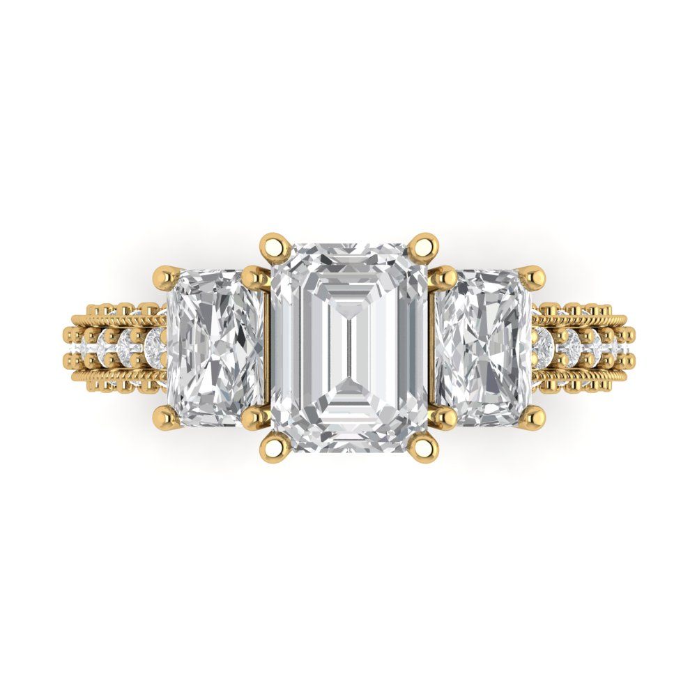 3.61 cttw Moissanite Three-Stone Engagement Ring - Solid Yellow Gold (VVS1, Emerald Cut,8x6mm)