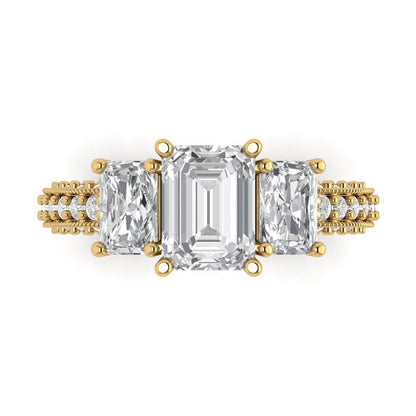 3.61 cttw Moissanite Three-Stone Engagement Ring - Solid Yellow Gold (VVS1, Emerald Cut,8x6mm)