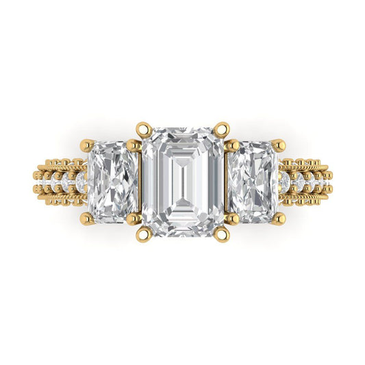 3.61 cttw Moissanite Three-Stone Engagement Ring - Solid Yellow Gold (VVS1, Emerald Cut,8x6mm)