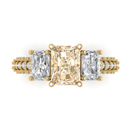 3.61 cttw Natural Morganite Three-Stone Engagement Ring - Solid Yellow Gold (VVS1, Emerald Cut,8x6mm)