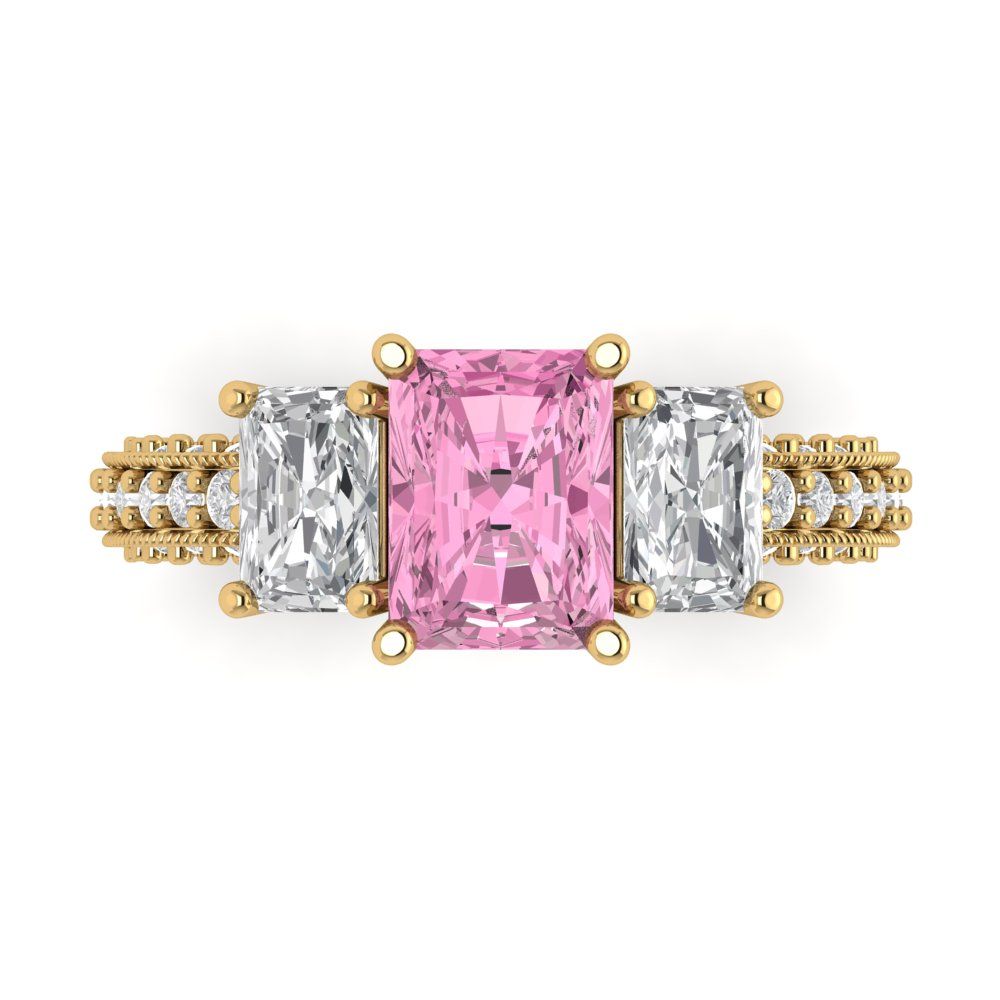 3.61 cttw Zirconia Simulated Pink Diamond Three-Stone Engagement Ring - Solid Gold (VVS1, Emerald Cut,8x6mm)