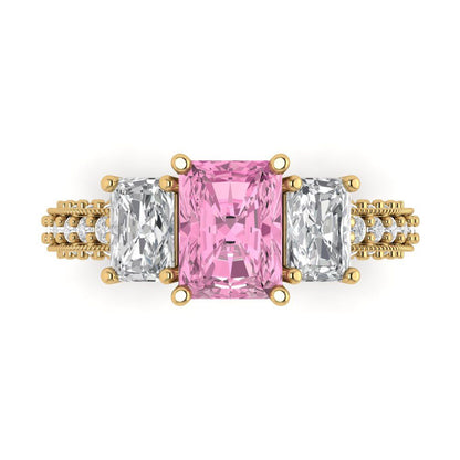 3.61 cttw Zirconia Simulated Pink Diamond Three-Stone Engagement Ring - Solid Gold (VVS1, Emerald Cut,8x6mm)