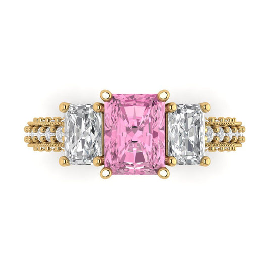 3.61 cttw Zirconia Simulated Pink Diamond Three-Stone Engagement Ring - Solid Yellow Gold (VVS1, Emerald Cut,8x6mm)