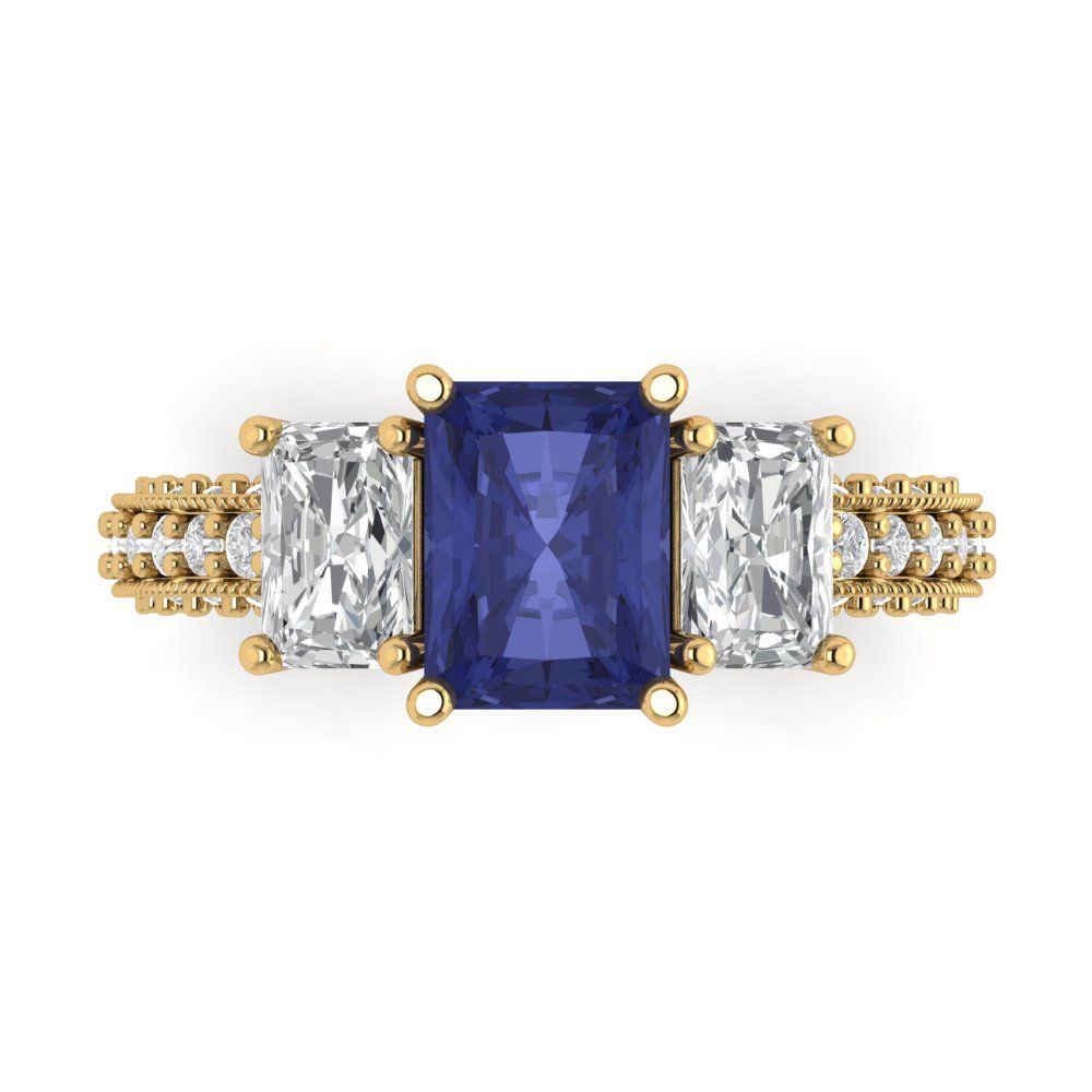 3.61 cttw Simulated Tanzanite Three-Stone Engagement Ring - Solid Yellow Gold (VVS1, Emerald Cut,8x6mm)