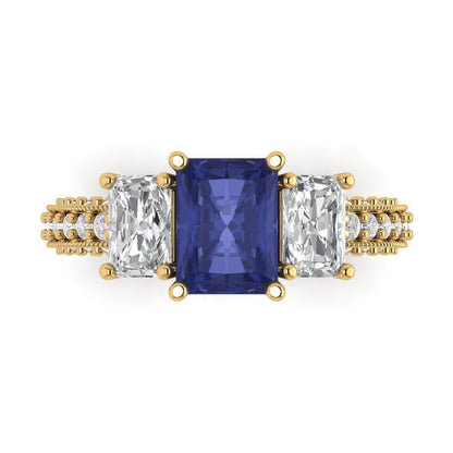 3.61 cttw Simulated Tanzanite Three-Stone Engagement Ring - Solid Yellow Gold (VVS1, Emerald Cut,8x6mm)