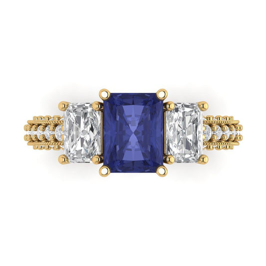 3.61 cttw Simulated Tanzanite Three-Stone Engagement Ring - Solid Yellow Gold (VVS1, Emerald Cut,8x6mm)