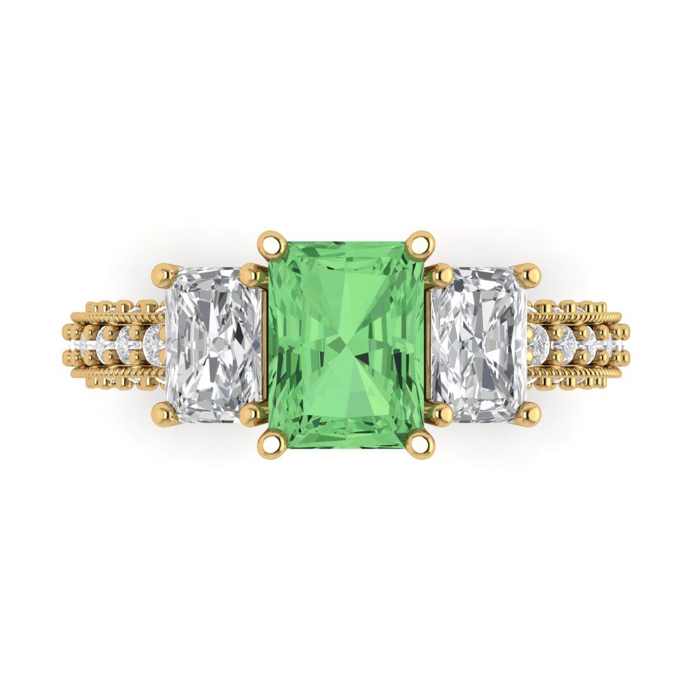 3.61 cttw Zirconia Simulated Green Diamond Three-Stone Engagement Ring - Solid Gold (VVS1, Emerald Cut,8x6mm)