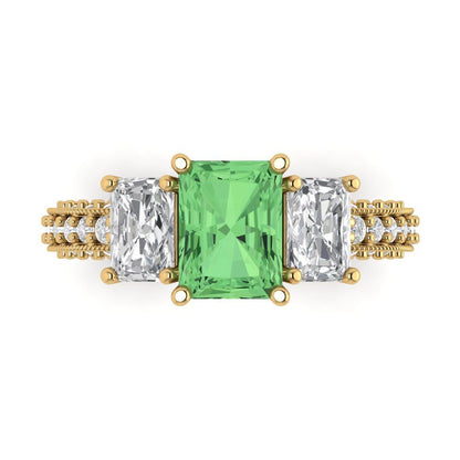 3.61 cttw Zirconia Simulated Green Diamond Three-Stone Engagement Ring - Solid Gold (VVS1, Emerald Cut,8x6mm)