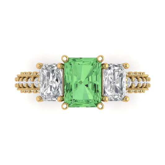 3.61 cttw Zirconia Simulated Green Diamond Three-Stone Engagement Ring - Solid Yellow Gold (VVS1, Emerald Cut,8x6mm)