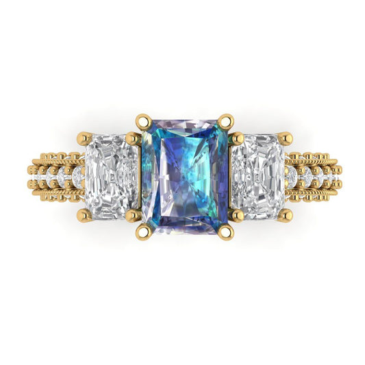 3.61 cttw Blue Moissanite Three-Stone Engagement Ring - Solid Yellow Gold (VVS1, Emerald Cut,8x6mm)