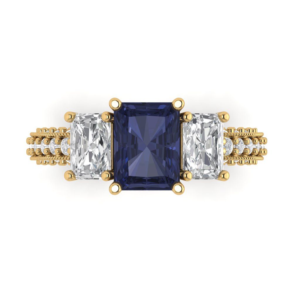 3.61 cttw Simulated Blue Sapphire Three-Stone Engagement Ring - Solid Gold (Emerald Cut,8x6mm)