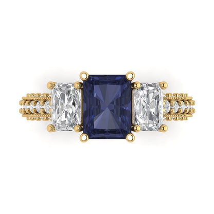 3.61 cttw Simulated Blue Sapphire Three-Stone Engagement Ring - Solid Gold (Emerald Cut,8x6mm)