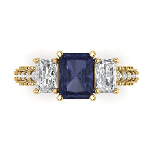 3.61 cttw Simulated Blue Sapphire Three-Stone Engagement Ring - Solid Yellow Gold (VVS1, Emerald Cut,8x6mm)