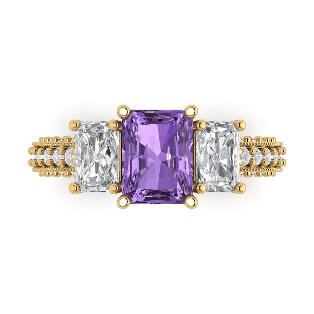 3.61 cttw Simulated Alexandrite Three-Stone Engagement Ring - Solid Yellow Gold (VVS1, Emerald Cut,8x6mm)