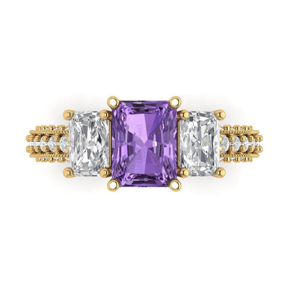 3.61 cttw Simulated Alexandrite Three-Stone Engagement Ring - Solid Yellow Gold (VVS1, Emerald Cut,8x6mm)