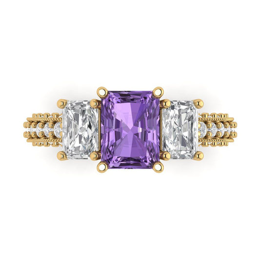 3.61 cttw Simulated Alexandrite Three-Stone Engagement Ring - Solid Yellow Gold (VVS1, Emerald Cut,8x6mm)