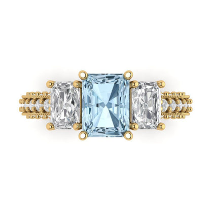 3.61 cttw Natural Aquamarine Three-Stone Engagement Ring - Solid Gold (Emerald Cut,8x6mm)