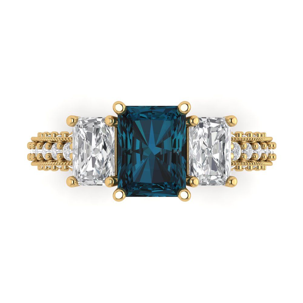 3.61 cttw Natural London Blue Topaz Three-Stone Engagement Ring - Solid Gold (Emerald Cut,8x6mm)