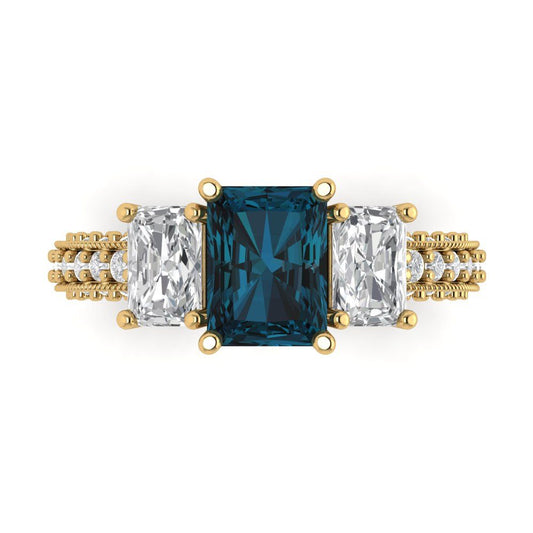 3.61 cttw Natural London Blue Topaz Three-Stone Engagement Ring - Solid Yellow Gold (VVS1, Emerald Cut,8x6mm)