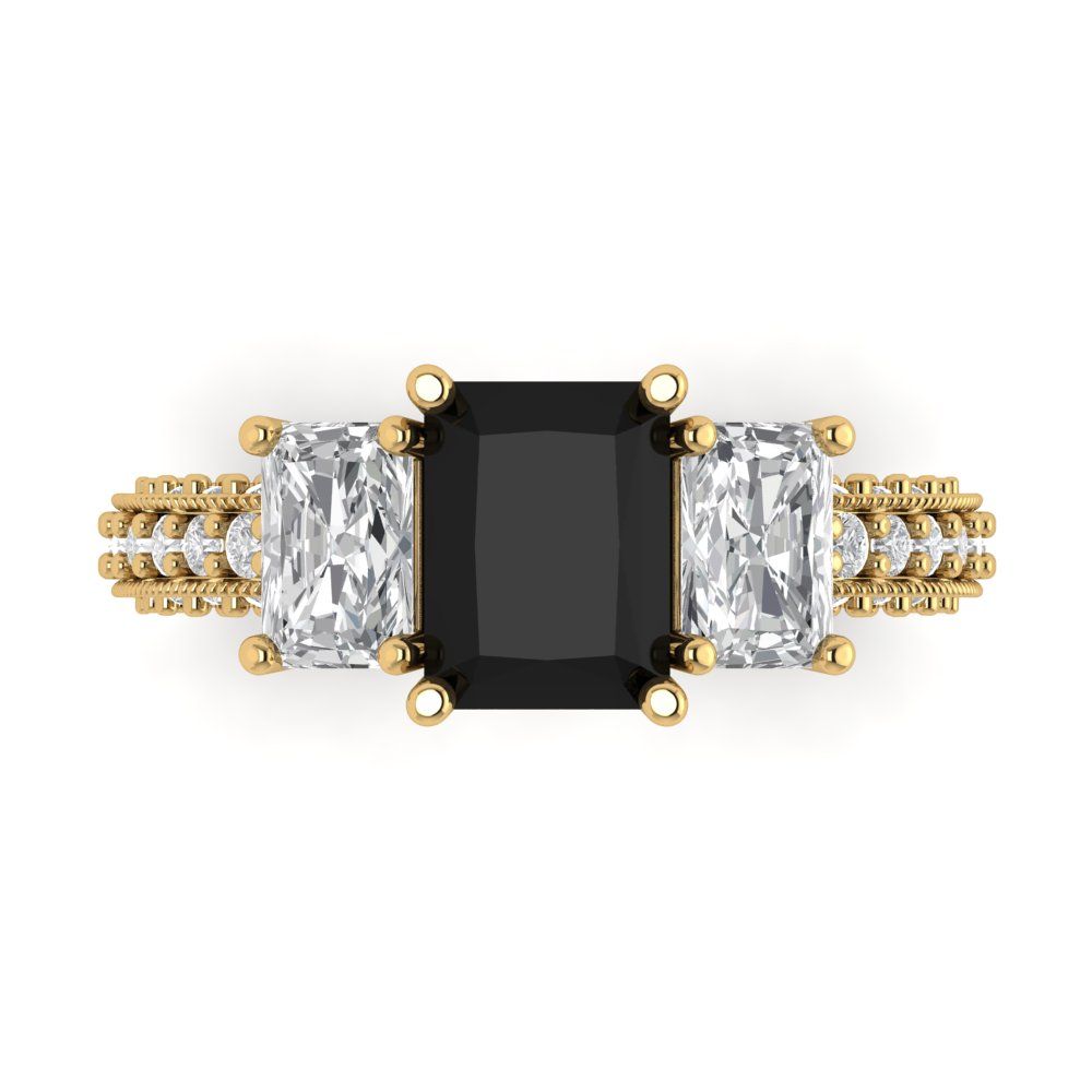 3.61 cttw Natural Onyx Three-Stone Engagement Ring - Solid Gold (Emerald Cut,8x6mm)