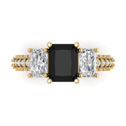 3.61 cttw Natural Onyx Three-Stone Engagement Ring - Solid Gold (Emerald Cut,8x6mm)