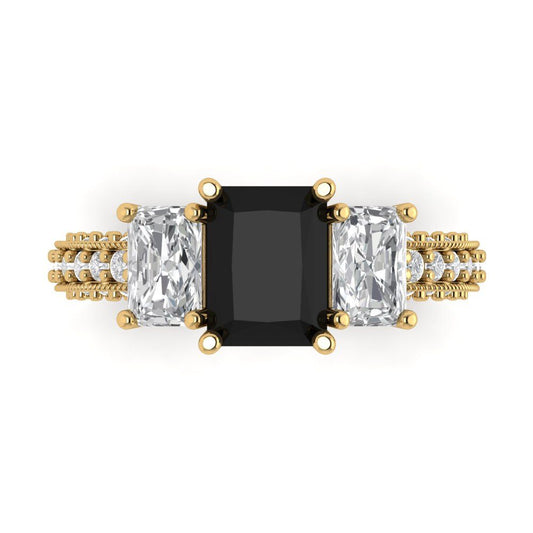 3.61 cttw Natural Onyx Three-Stone Engagement Ring - Solid Yellow Gold (VVS1, Emerald Cut,8x6mm)