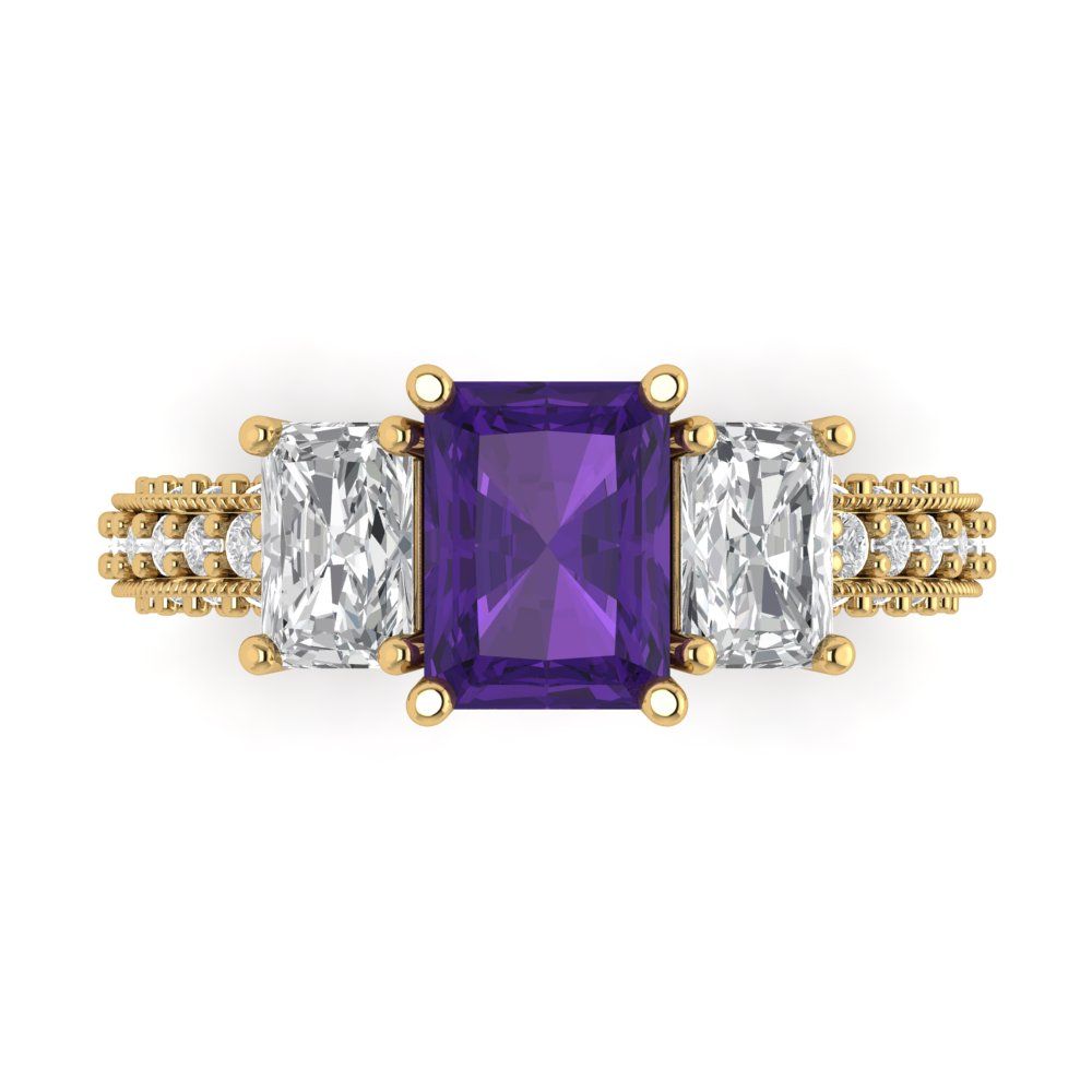 3.61 cttw Natural Amethyst Three-Stone Engagement Ring - Solid Gold (Emerald Cut,8x6mm)