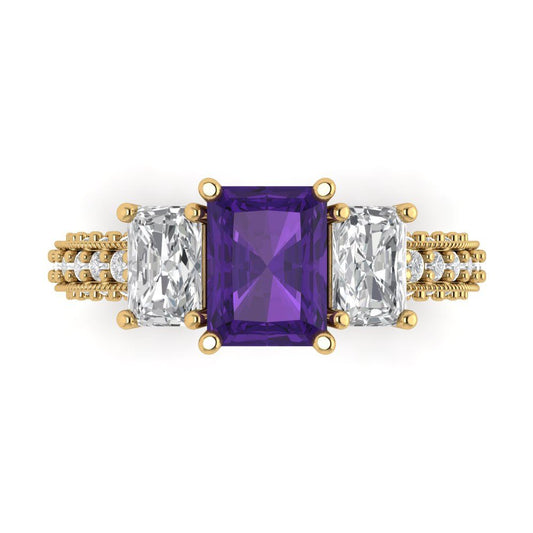 3.61 cttw Natural Amethyst Three-Stone Engagement Ring - Solid Yellow Gold (VVS1, Emerald Cut,8x6mm)