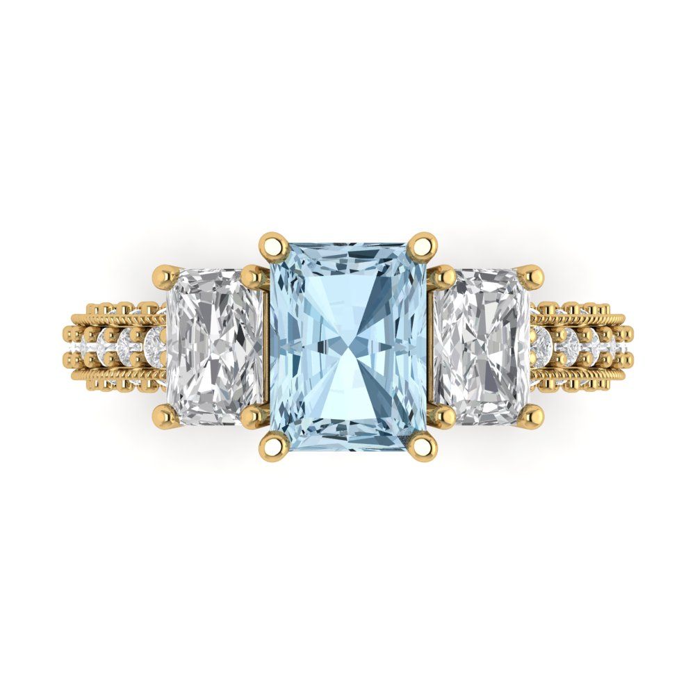 3.61 cttw Natural Swiss Blue Topaz Three-Stone Engagement Ring - Solid Gold (Emerald Cut,8x6mm)