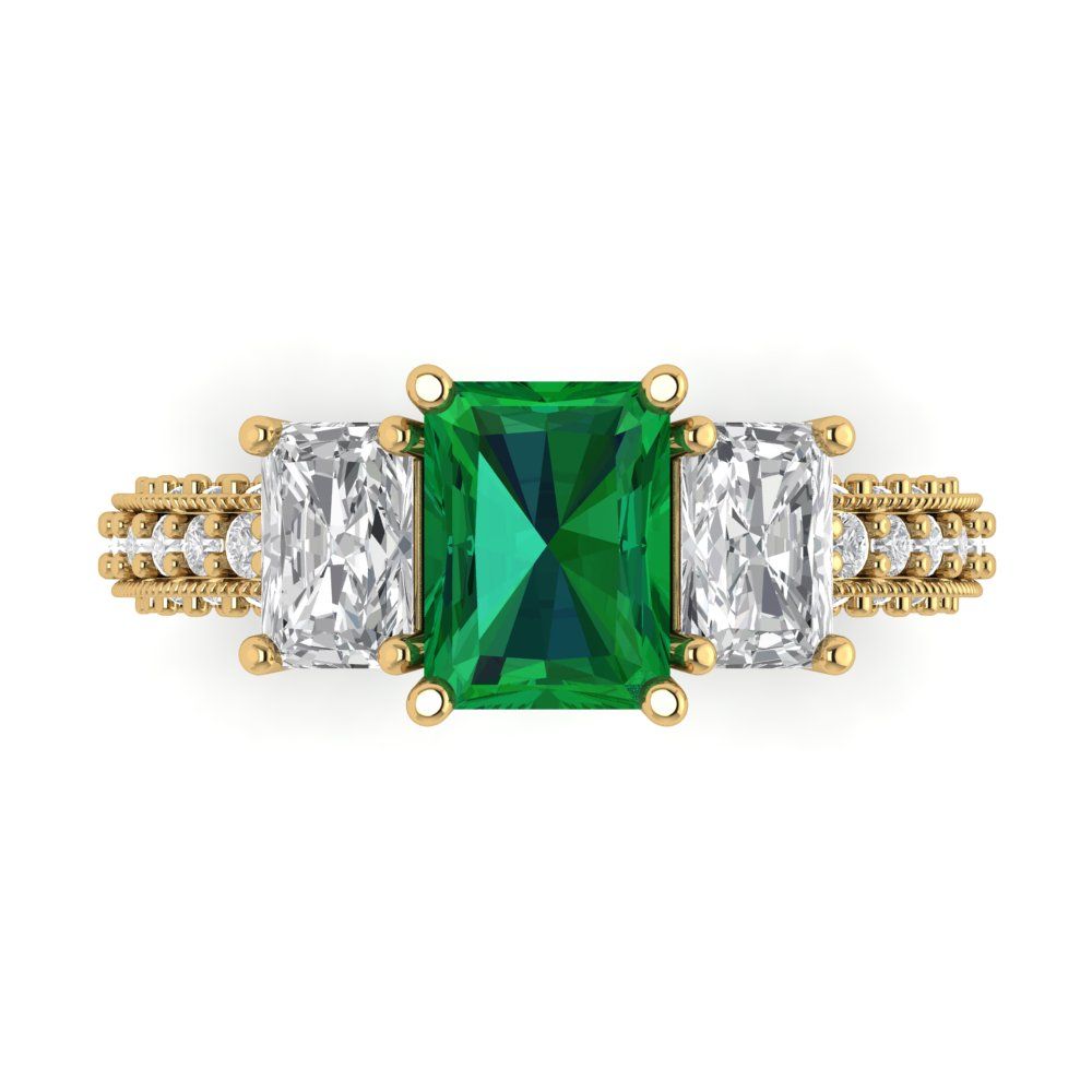 3.61 cttw Simulated Emerald Three-Stone Engagement Ring - Solid Gold (Emerald Cut,8x6mm)