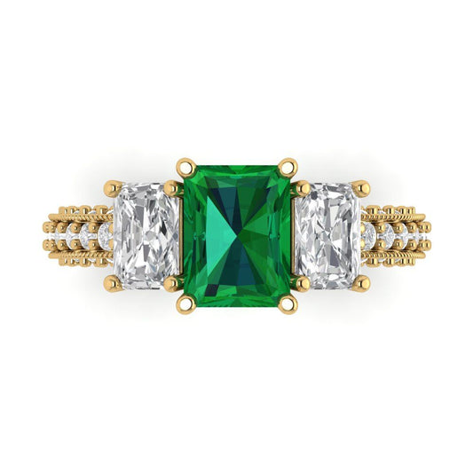 3.61 cttw Simulated Emerald Three-Stone Engagement Ring - Solid Yellow Gold (VVS1, Emerald Cut,8x6mm)