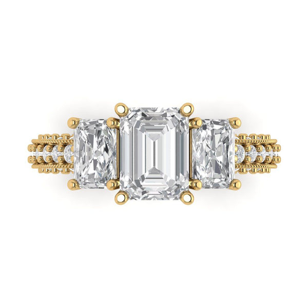 3.28 ct Brilliant Emerald Cut Genuine Cultured Diamond Stone Clarity VS1-2 Color J-K Yellow Gold Solitaire with Accents Three-Stone Ring