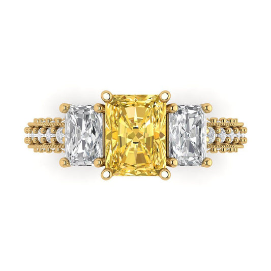 3.61 cttw Natural Citrine Three-Stone Engagement Ring - Solid Yellow Gold (VVS1, Emerald Cut,8x6mm)