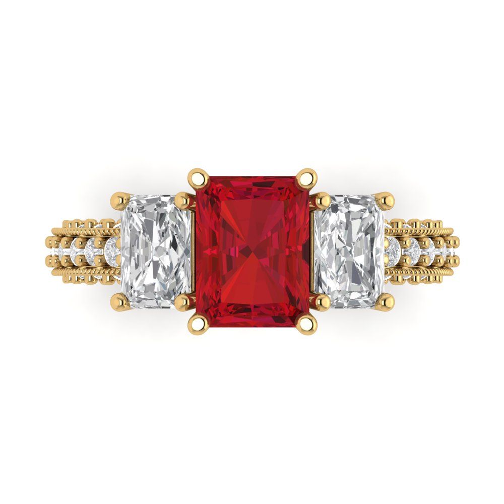 3.61 cttw Simulated Pink Tourmaline Three-Stone Engagement Ring - Solid Yellow Gold (VVS1, Emerald Cut,8x6mm)