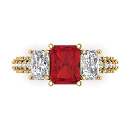 3.61 cttw Simulated Pink Tourmaline Three-Stone Engagement Ring - Solid Yellow Gold (VVS1, Emerald Cut,8x6mm)